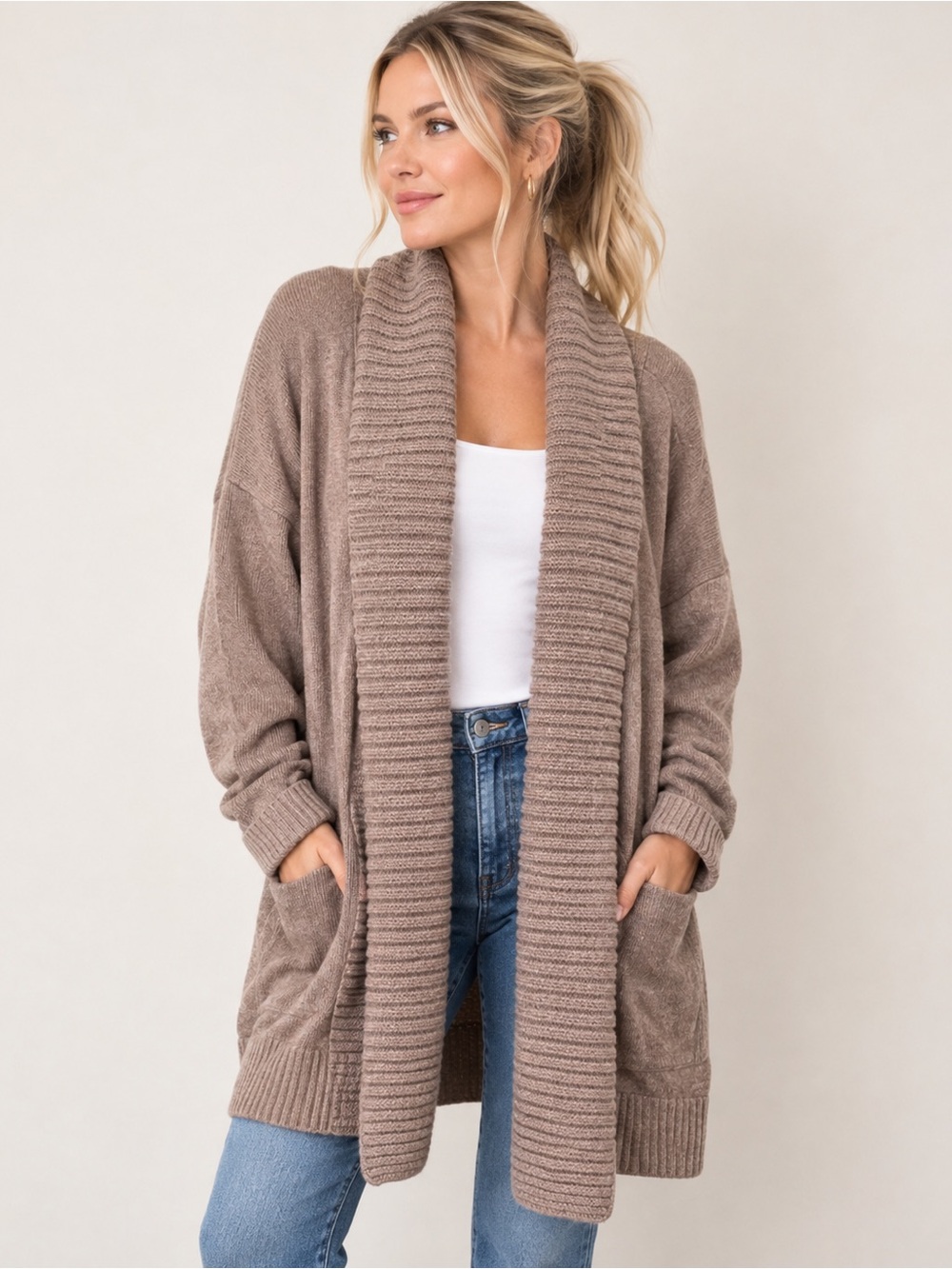 J. Crew oversized wool blend shawl collar open front cardigan pockets, size M/L